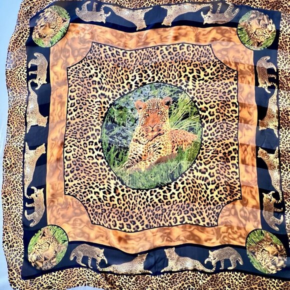 Leopard Silk Scarf Animal Print Square Safari 33" x 33" Bordered Hand Rolled Hem - Picture 11 of 12